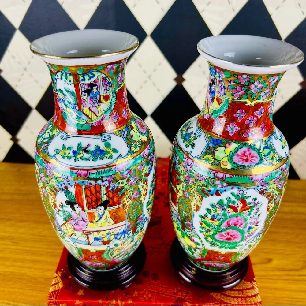 Rose Medallion Porcelain Vases Hand Painted Chinese w/ Stands Box 9